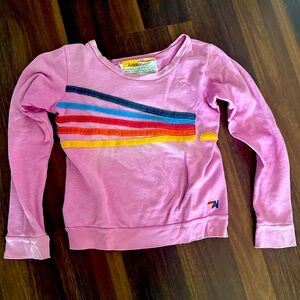 Worn pink rainbow kids aviator nation pullover sweatshirt